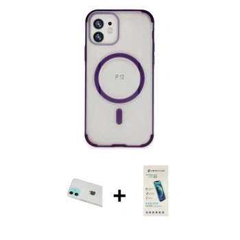 MARSİLYAN™- iPhone 12 Kılıf Eksen Klasik Koleksiyonu - Şeffaf Pasifik Cam Ekran Koruyucu + Rainbow Kamera Lens Koruma Cam - YL