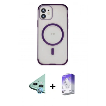 MARSİLYAN™- iPhone 12 Kılıf Eksen Klasik Koleksiyonu - Siyah Bilvis 5in1 3D Magic Cam Ekran Koruyucu + Raze Metal Kamera Lens - MI