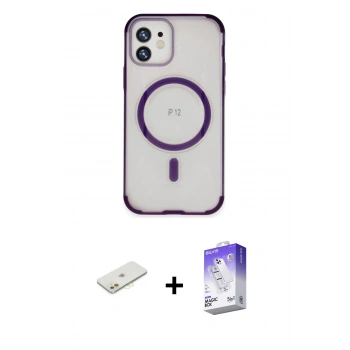 MARSİLYAN™- iPhone 12 Kılıf Eksen Klasik Koleksiyonu - Siyah Bilvis 5in1 3D Magic Cam Ekran Koruyucu + Renkli Kamera Lens Koruma Cam - TU