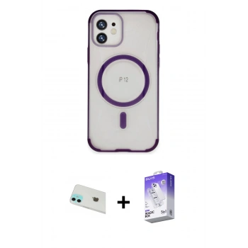 MARSİLYAN™- iPhone 12 Kılıf Eksen Klasik Koleksiyonu - Siyah Bilvis 5in1 3D Magic Cam Ekran Koruyucu + Rainbow Kamera Lens Koruma Cam - YL
