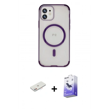 MARSİLYAN™- iPhone 12 Kılıf Eksen Klasik Koleksiyonu - Siyah Bilvis 5in1 5D Magic Hayalet Cam Ekran Koruyucu + Renkli Kamera Lens Koruma Cam - PE