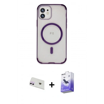 MARSİLYAN™- iPhone 12 Kılıf Eksen Klasik Koleksiyonu - Siyah Bilvis 5in1 5D Magic Hayalet Cam Ekran Koruyucu + Rainbow Kamera Lens Koruma Cam - MR