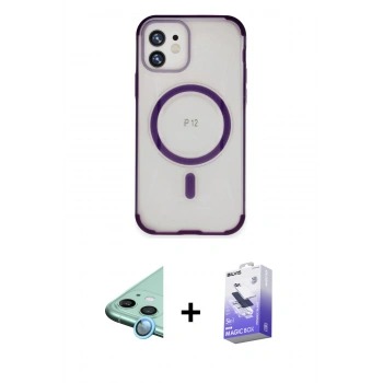 MARSİLYAN™- iPhone 12 Kılıf Eksen Klasik Koleksiyonu - Siyah Bilvis 5in1 5D Magic Hayalet Cam Ekran Koruyucu + Raze Metal Kamera Lens - MI