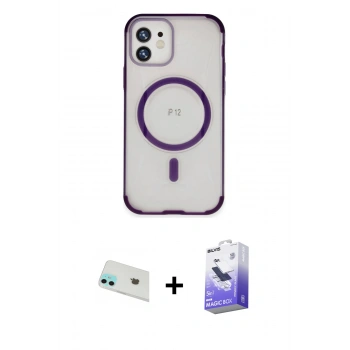 MARSİLYAN™- iPhone 12 Kılıf Eksen Klasik Koleksiyonu - Siyah Bilvis 5in1 5D Magic Hayalet Cam Ekran Koruyucu + Rainbow Kamera Lens Koruma Cam - YL
