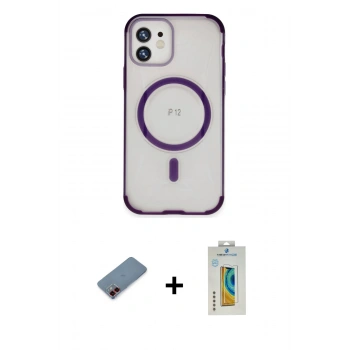 MARSİLYAN™- iPhone 12 Kılıf Eksen Klasik Koleksiyonu - Siyah Polymer Nano Ekran Koruyucu + Metal Kamera Lens Koruma Cam - KI