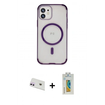 MARSİLYAN™- iPhone 12 Kılıf Eksen Klasik Koleksiyonu - Siyah Polymer Nano Ekran Koruyucu + Rainbow Kamera Lens Koruma Cam - MR