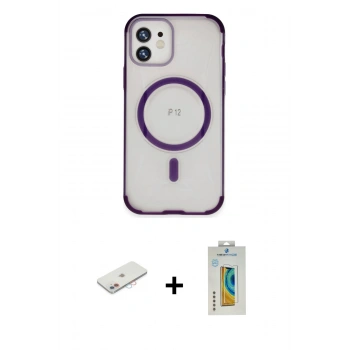 MARSİLYAN™- iPhone 12 Kılıf Eksen Klasik Koleksiyonu - Siyah Polymer Nano Ekran Koruyucu + Renkli Kamera Lens Koruma Cam - PE
