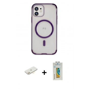 MARSİLYAN™- iPhone 12 Kılıf Eksen Klasik Koleksiyonu - Siyah Polymer Nano Ekran Koruyucu + Renkli Kamera Lens Koruma Cam - SI
