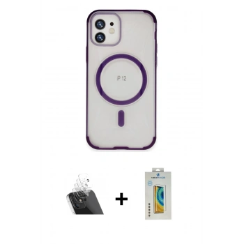 MARSİLYAN™- iPhone 12 Kılıf Eksen Klasik Koleksiyonu - Siyah Polymer Nano Ekran Koruyucu + Kamera Lens Koruma Cam - SF