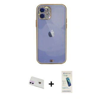 MARSİLYAN™- iPhone 12 Kılıf Eksen Minimal Koleksiyonu - Şeffaf Pasifik Cam Ekran Koruyucu + Rainbow Kamera Lens Koruma Cam - MR