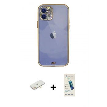 MARSİLYAN™- iPhone 12 Kılıf Eksen Minimal Koleksiyonu - Şeffaf Pasifik Cam Ekran Koruyucu + Renkli Kamera Lens Koruma Cam - SI