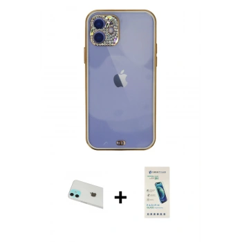 MARSİLYAN™- iPhone 12 Kılıf Eksen Minimal Koleksiyonu - Şeffaf Pasifik Cam Ekran Koruyucu + Rainbow Kamera Lens Koruma Cam - YL
