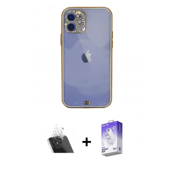 MARSİLYAN™- iPhone 12 Kılıf Eksen Minimal Koleksiyonu - Siyah Bilvis 5in1 3D Magic Cam Ekran Koruyucu + Kamera Lens Koruma Cam - SF