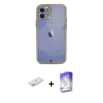 MARSİLYAN™- iPhone 12 Kılıf Eksen Minimal Koleksiyonu - Siyah Bilvis 5in1 3D Magic Cam Ekran Koruyucu + Renkli Kamera Lens Koruma Cam - SI
