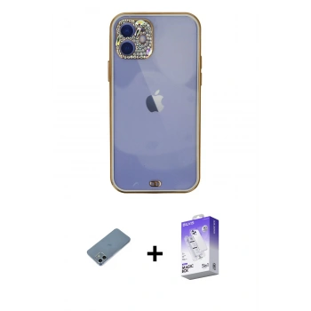 MARSİLYAN™- iPhone 12 Kılıf Eksen Minimal Koleksiyonu - Siyah Bilvis 5in1 3D Magic Cam Ekran Koruyucu + Shine Kamera Lens Koruma Cam - SABE