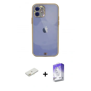 MARSİLYAN™- iPhone 12 Kılıf Eksen Minimal Koleksiyonu - Siyah Bilvis 5in1 3D Magic Cam Ekran Koruyucu + Renkli Kamera Lens Koruma Cam - TU