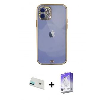 MARSİLYAN™- iPhone 12 Kılıf Eksen Minimal Koleksiyonu - Siyah Bilvis 5in1 3D Magic Cam Ekran Koruyucu + Rainbow Kamera Lens Koruma Cam - YL