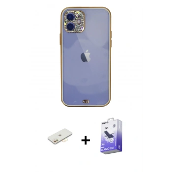 MARSİLYAN™- iPhone 12 Kılıf Eksen Minimal Koleksiyonu - Siyah Bilvis 5in1 5D Magic Hayalet Cam Ekran Koruyucu + Renkli Kamera Lens Koruma Cam - SI