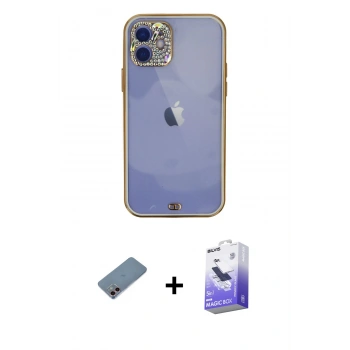 MARSİLYAN™- iPhone 12 Kılıf Eksen Minimal Koleksiyonu - Siyah Bilvis 5in1 5D Magic Hayalet Cam Ekran Koruyucu + Shine Kamera Lens Koruma Cam - PE