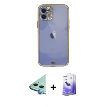 MARSİLYAN™- iPhone 12 Kılıf Eksen Minimal Koleksiyonu - Siyah Bilvis 5in1 5D Magic Hayalet Cam Ekran Koruyucu + Raze Metal Kamera Lens - MI