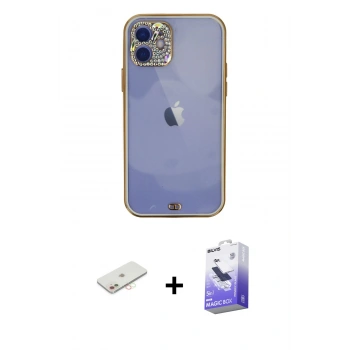 MARSİLYAN™- iPhone 12 Kılıf Eksen Minimal Koleksiyonu - Siyah Bilvis 5in1 5D Magic Hayalet Cam Ekran Koruyucu + Renkli Kamera Lens Koruma Cam - YL