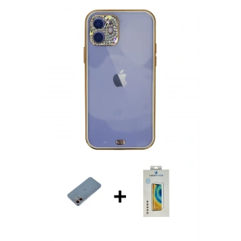 MARSİLYAN™- iPhone 12 Kılıf Eksen Minimal Koleksiyonu - Siyah Polymer Nano Ekran Koruyucu + Shine Kamera Lens Koruma Cam - PE