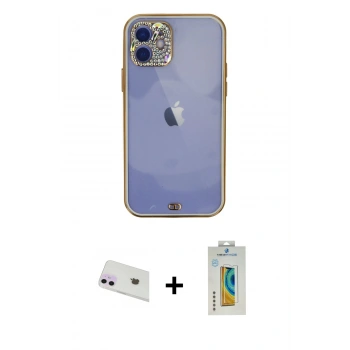 MARSİLYAN™- iPhone 12 Kılıf Eksen Minimal Koleksiyonu - Siyah Polymer Nano Ekran Koruyucu + Rainbow Kamera Lens Koruma Cam - MR