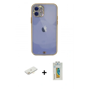 MARSİLYAN™- iPhone 12 Kılıf Eksen Minimal Koleksiyonu - Siyah Polymer Nano Ekran Koruyucu + Renkli Kamera Lens Koruma Cam - SI