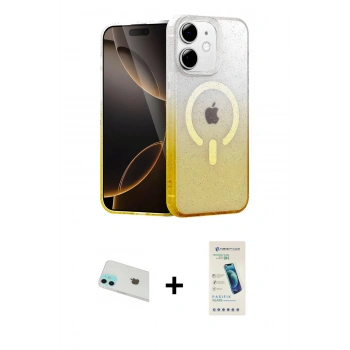 MARSİLYAN™- iPhone 12 Kılıf Eksen Minimal Özel Seri - Şeffaf Pasifik Cam Ekran Koruyucu + Rainbow Kamera Lens Koruma Cam - YL