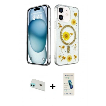 MARSİLYAN™- iPhone 12 Kılıf Kozmos Doku - Şeffaf Pasifik Cam Ekran Koruyucu + Rainbow Kamera Lens Koruma Cam - YL