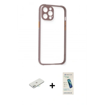 MARSİLYAN™- iPhone 12 Kılıf Nova Asil Özel Seri - Şeffaf Pasifik Cam Ekran Koruyucu + Renkli Kamera Lens Koruma Cam - SI