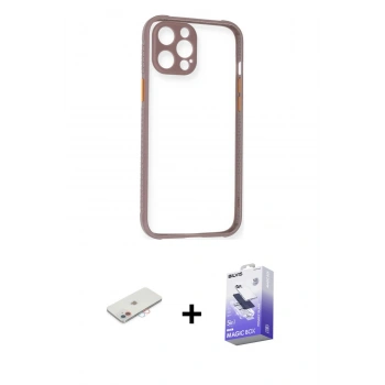MARSİLYAN™- iPhone 12 Kılıf Nova Asil Özel Seri - Siyah Bilvis 5in1 5D Magic Hayalet Cam Ekran Koruyucu + Renkli Kamera Lens Koruma Cam - PE