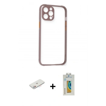 MARSİLYAN™- iPhone 12 Kılıf Nova Asil Özel Seri - Siyah Polymer Nano Ekran Koruyucu + Renkli Kamera Lens Koruma Cam - PE