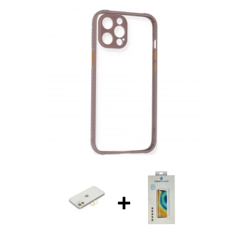 MARSİLYAN™- iPhone 12 Kılıf Nova Asil Özel Seri - Siyah Polymer Nano Ekran Koruyucu + Renkli Kamera Lens Koruma Cam - SI