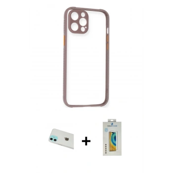 MARSİLYAN™- iPhone 12 Kılıf Nova Asil Özel Seri - Siyah Polymer Nano Ekran Koruyucu + Rainbow Kamera Lens Koruma Cam - YL