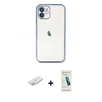 MARSİLYAN™- iPhone 12 Kılıf Vadi Minimal - Şeffaf Pasifik Cam Ekran Koruyucu + Renkli Kamera Lens Koruma Cam - SI