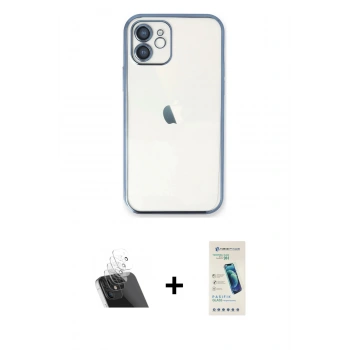 MARSİLYAN™- iPhone 12 Kılıf Vadi Minimal - Şeffaf Pasifik Cam Ekran Koruyucu + Kamera Lens Koruma Cam - SF