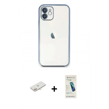 MARSİLYAN™- iPhone 12 Kılıf Vadi Minimal - Şeffaf Pasifik Cam Ekran Koruyucu + Renkli Kamera Lens Koruma Cam - YL