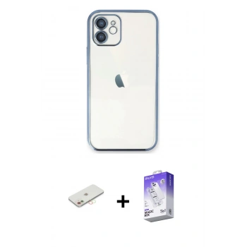 MARSİLYAN™- iPhone 12 Kılıf Vadi Minimal - Siyah Bilvis 5in1 3D Magic Cam Ekran Koruyucu + Renkli Kamera Lens Koruma Cam - YL