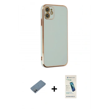 MARSİLYAN™- iPhone 12 Kılıf Yankı Serisi - Şeffaf Pasifik Cam Ekran Koruyucu + Shine Kamera Lens Koruma Cam - SABE
