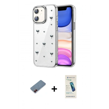 MARSİLYAN™- iPhone 12 Kılıf Yörünge Form - Şeffaf Pasifik Cam Ekran Koruyucu + Metal Kamera Lens Koruma Cam - KI