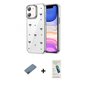 MARSİLYAN™- iPhone 12 Kılıf Yörünge Form - Şeffaf Pasifik Cam Ekran Koruyucu + Shine Kamera Lens Koruma Cam - GD