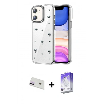 MARSİLYAN™- iPhone 12 Kılıf Yörünge Form - Siyah Bilvis 5in1 3D Magic Cam Ekran Koruyucu + Rainbow Kamera Lens Koruma Cam - MR