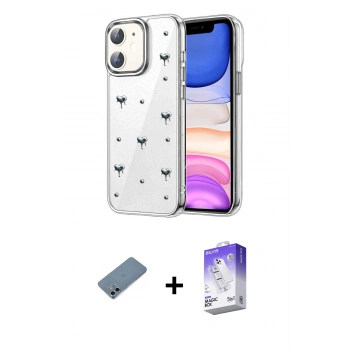 MARSİLYAN™- iPhone 12 Kılıf Yörünge Form - Siyah Bilvis 5in1 3D Magic Cam Ekran Koruyucu + Shine Kamera Lens Koruma Cam - SABE