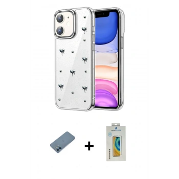 MARSİLYAN™- iPhone 12 Kılıf Yörünge Form - Siyah Polymer Nano Ekran Koruyucu + Shine Kamera Lens Koruma Cam - MI