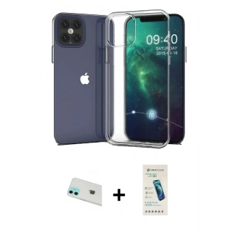 MARSİLYAN™- iPhone 12 Kılıf Zirve Doku - Şeffaf Pasifik Cam Ekran Koruyucu + Rainbow Kamera Lens Koruma Cam - YL