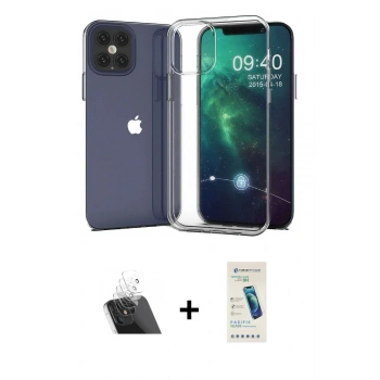 MARSİLYAN™- iPhone 12 Kılıf Zirve Doku - Şeffaf Pasifik Cam Ekran Koruyucu + Kamera Lens Koruma Cam - SF