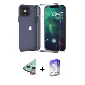 MARSİLYAN™- iPhone 12 Kılıf Zirve Doku - Siyah Bilvis 5in1 3D Magic Cam Ekran Koruyucu + Raze Metal Kamera Lens - KI