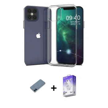 MARSİLYAN™- iPhone 12 Kılıf Zirve Doku - Siyah Bilvis 5in1 3D Magic Cam Ekran Koruyucu + Metal Kamera Lens Koruma Cam - MI