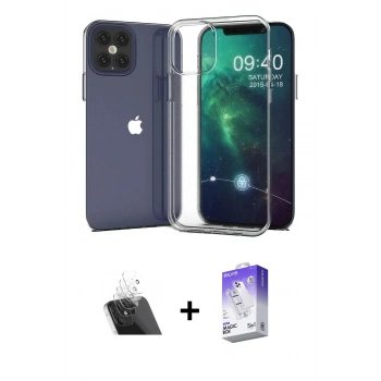 MARSİLYAN™- iPhone 12 Kılıf Zirve Doku - Siyah Bilvis 5in1 3D Magic Cam Ekran Koruyucu + Kamera Lens Koruma Cam - SF